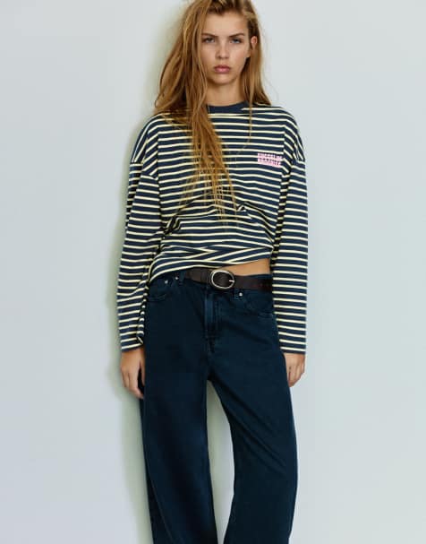 Pull&Bear Oversize striped graphic t-shirt in navy