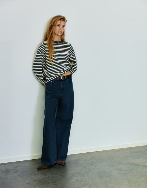 Pull&Bear Oversize striped graphic t-shirt in navy, 4 of 7