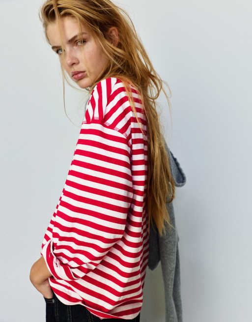 Pull&Bear Oversize striped slogan t-shirt in red, 3 of 7