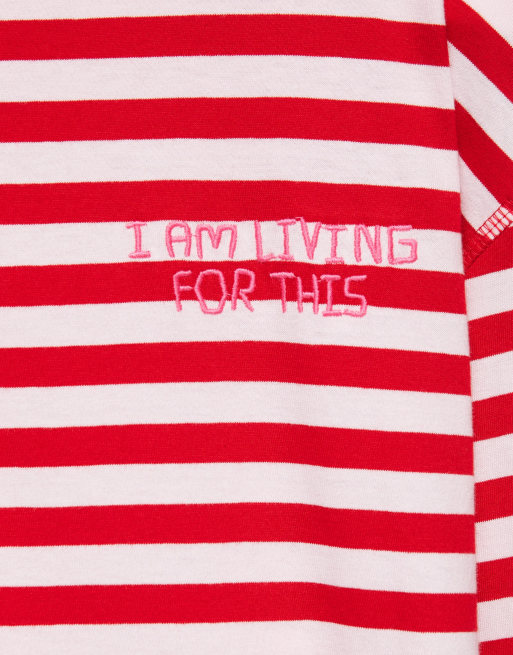 Pull&Bear Oversize striped slogan t-shirt in red, 7 of 7