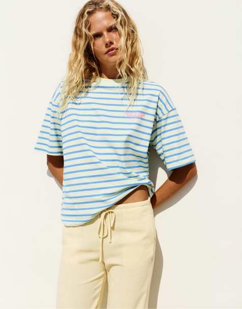 Pull&Bear Oversize striped t-shirt in blue/white - view 1
