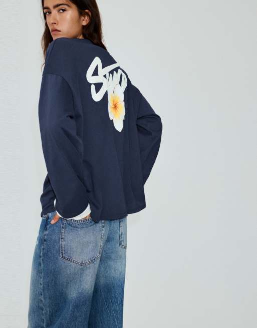 Pull&Bear Oversize stwd T-Shirt mit Blumenmuster in Marineblau, 3 von 7