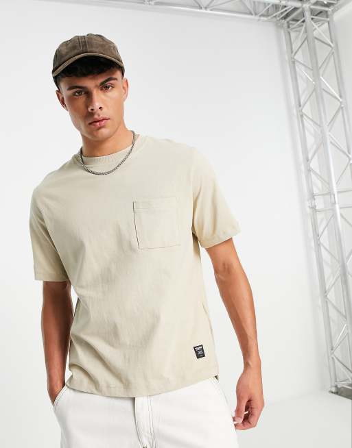 Pull&Bear – Oversize-T-Shirt in Beige mit Brusttasche