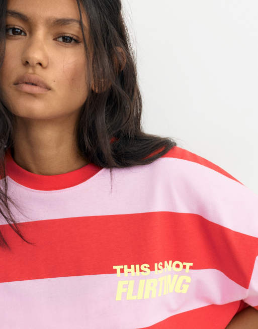 Pull&Bear – Oversize-T-Shirt in Rosa gestreift mit Print, 3 von 4