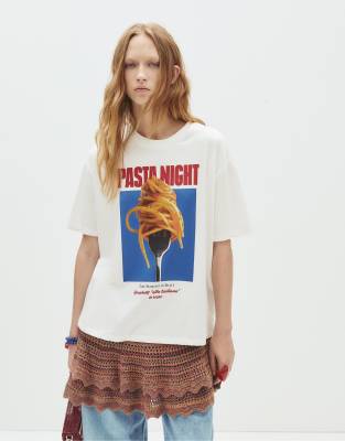 Pull & Bear - Oversize-T-Shirt in Weiß mit „Pasta Night"-Print
