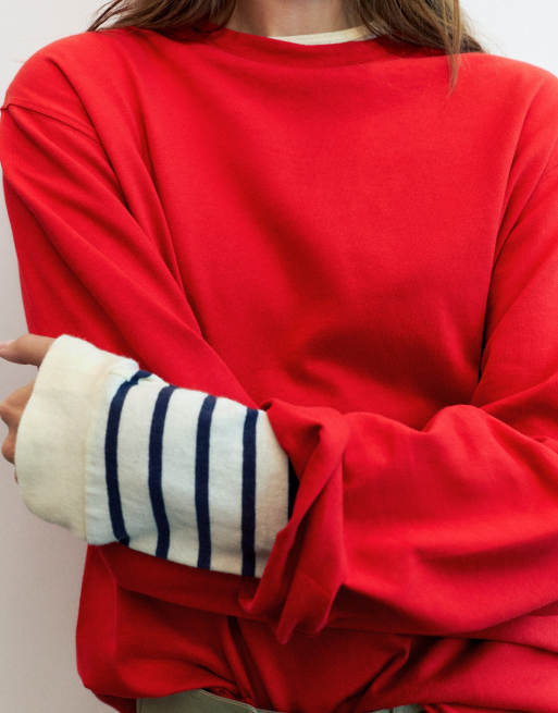 Pull&Bear oversize t-shirt med långa ärmar i rött, 3 av 7
