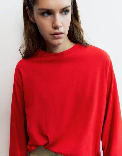 Pull&Bear oversize t-shirt med långa ärmar i rött, 4 av 7