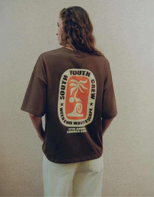 Pull&Bear oversize t-shirt med palmträdsgrafik i brunt, 2 av 5