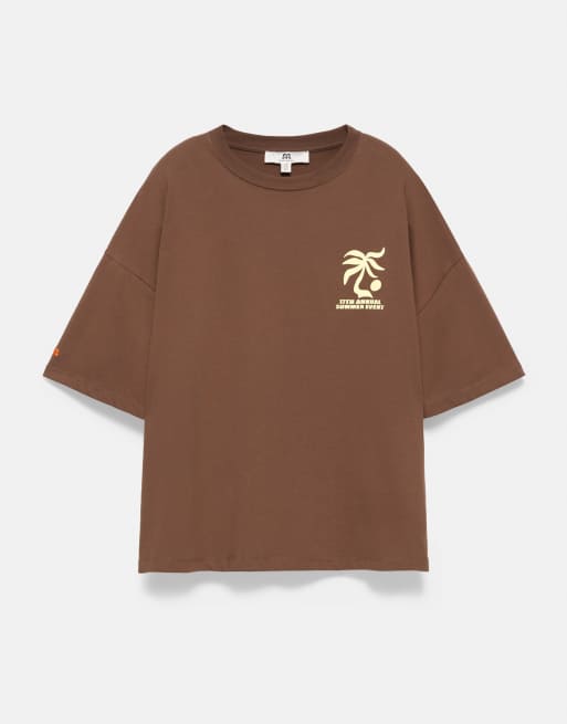 Pull&Bear oversize t-shirt med palmträdsgrafik i brunt, 3 av 5