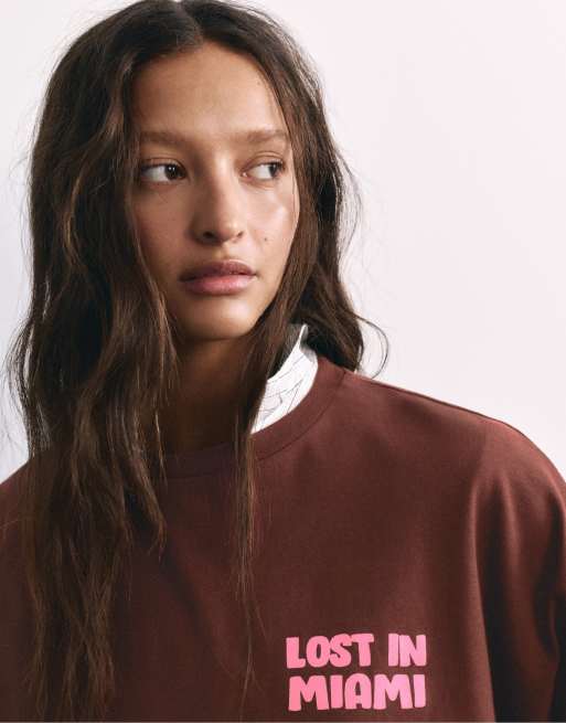 Pull&Bear Oversize T-Shirt mit Grafik in Braun, 3 von 7