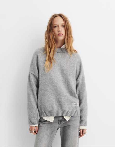 Pull&Bear Oversize text sweater in grey marl