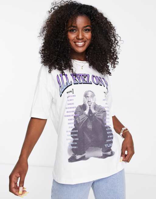 Pull&Bear – Oversize „Tupac Band“-T-Shirt in Weiß