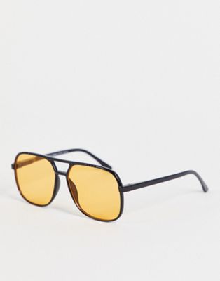 Pull&Bear oversized 70's square sunglasses in black with yellow lens