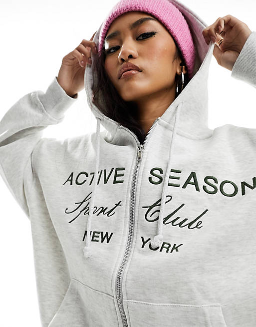 Pull&Bear oversized 'Active Season' zip up hoodie in gray heather