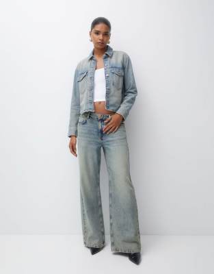 Pull & Bear Oversized Baggy Low Waist Jeans In Washed Blue