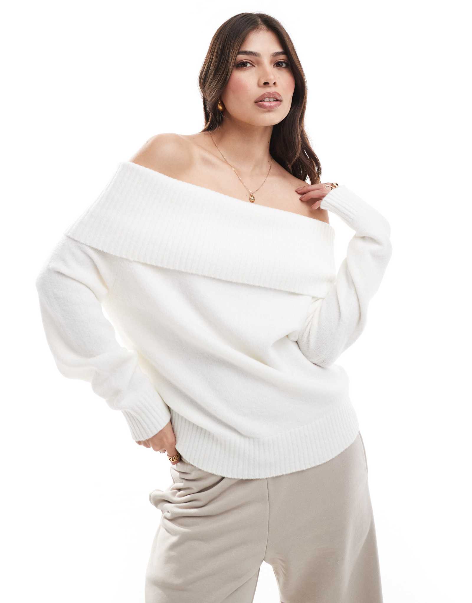 Вязаный свитер bardot оверсайз Pull-Bear цвета экрю 9190₽