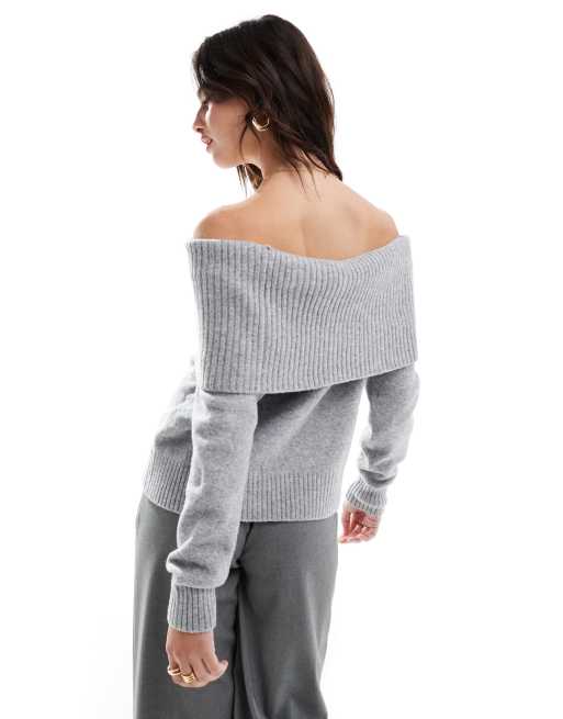 Pull&Bear oversized bardot knitted jumper in soft grey, 3 of 4