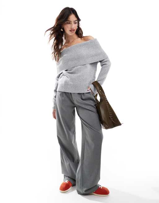 Pull&Bear oversized bardot knitted jumper in soft grey, 4 of 4