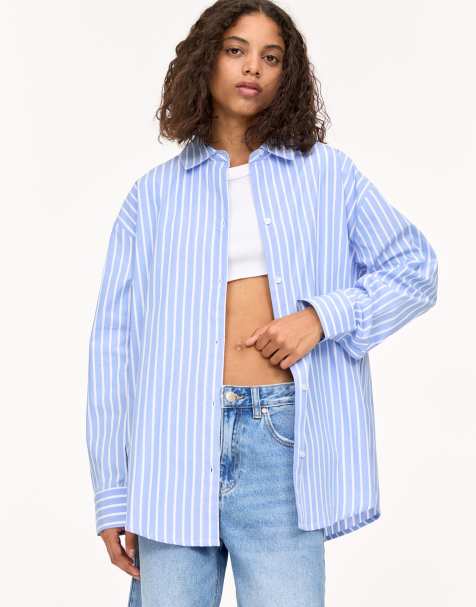 Pull&Bear - Oversized blå skjorte med kontraststriber - view 1