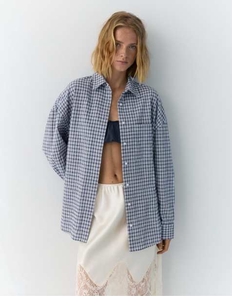 Pull&Bear - Oversized blå skjorte med tern - view 1