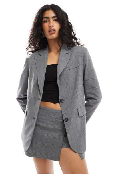 Pull&Bear oversized blazer in gray plaid - view 1