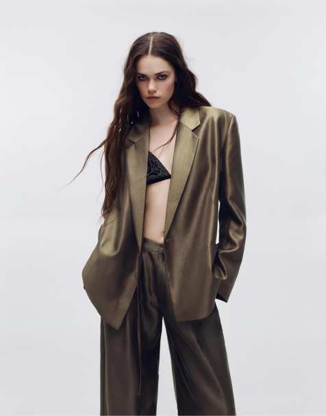 Pull&Bear - Oversized blazer met striksluiting in glinsterend bruin - view 1