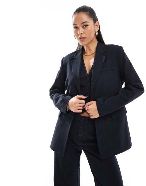 Pull&Bear oversized blazer with back strap detail co-ord in navy pinstripe - view 1