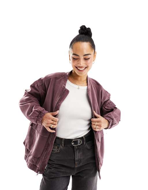 Pull&Bear oversized bomber jacket in acid wash aubergine (part of a set)