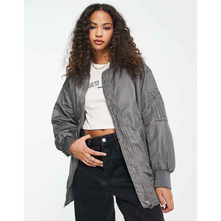 Pull&Bear oversized bomber jacket in gray