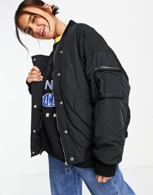 Pull&Bear oversized bomber jacket with contrast lining in black