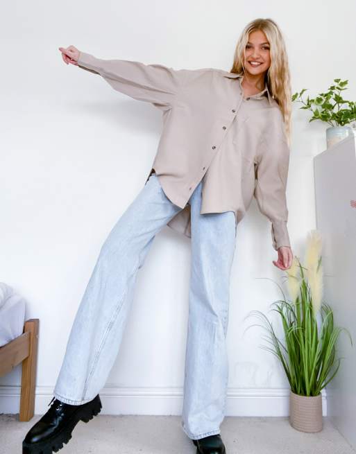 Pull&Bear - Oversized boyfriend overhemd in beige