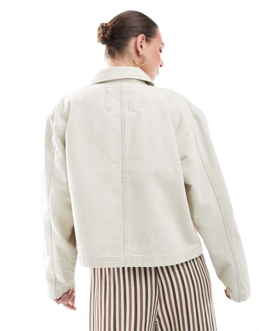 Pull&Bear oversized canvas jacket in ecru, 3 of 4