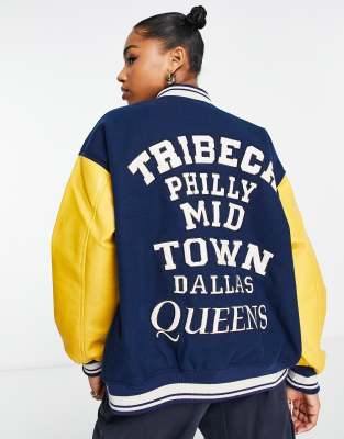 Pull&Bear oversized collegiate bomber jacket in navy & mustard | ASOS