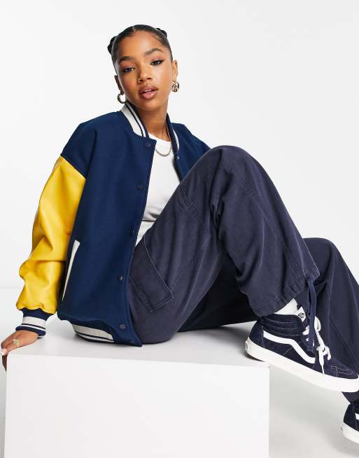 Pull&Bear oversized collegiate bomber jacket in navy & mustard