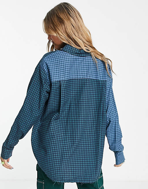 Tops Shirts & Blouses/Pull&Bear oversized contrast grey check shirt in blue 