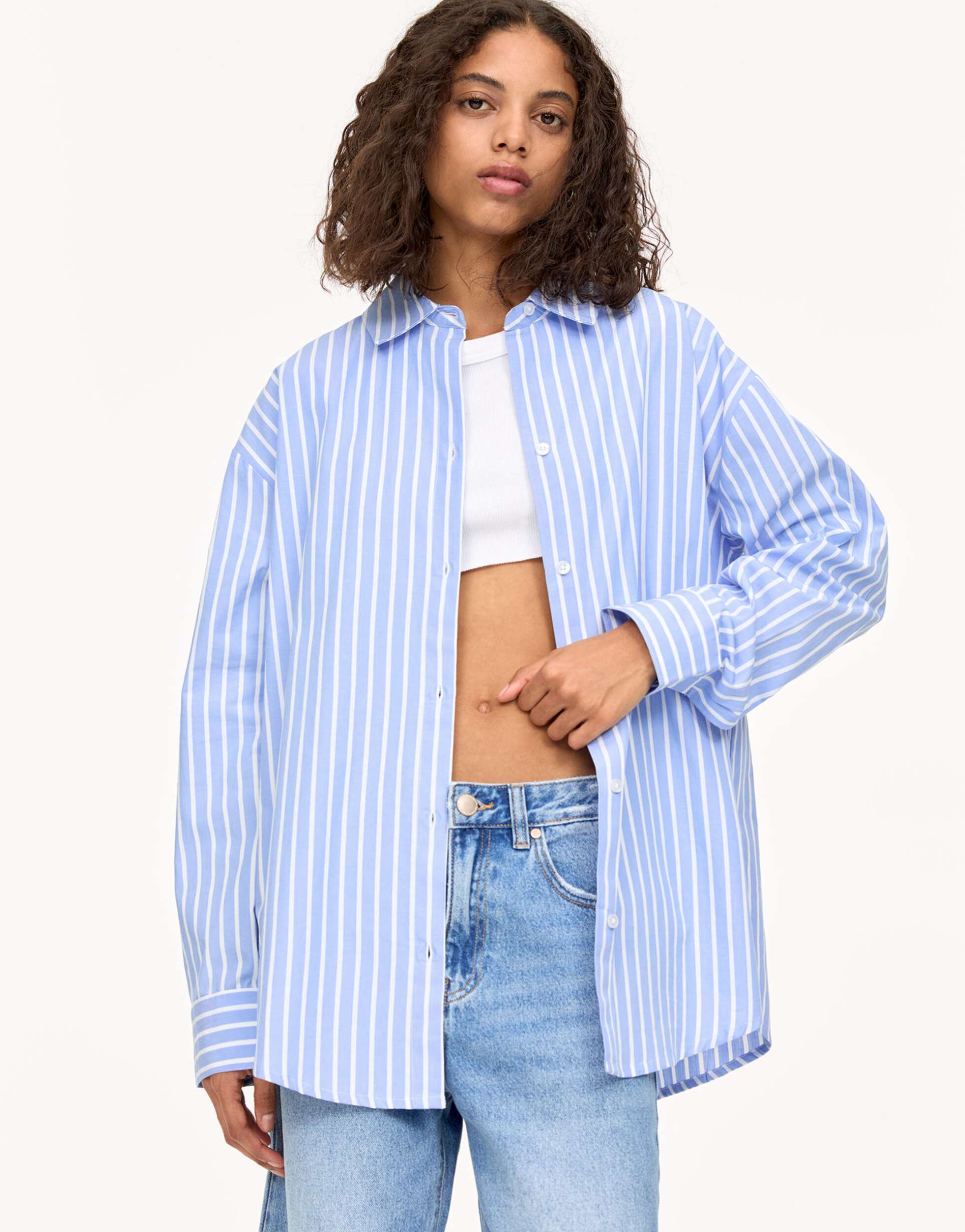 pull&bear oversized contrast striped shirt in blue