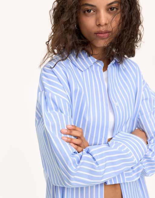 Pull&Bear oversized contrast striped shirt in blue, 4 of 4