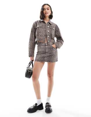 Pull&Bear Pull&Bear oversized crop jacket co-ord in leopard print-Brown