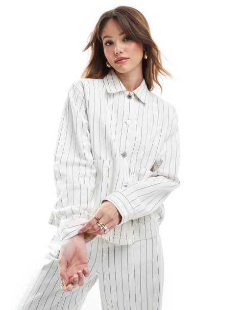 Pull&Bear oversized denim jacket in white pinstripe - part of a set - view 1