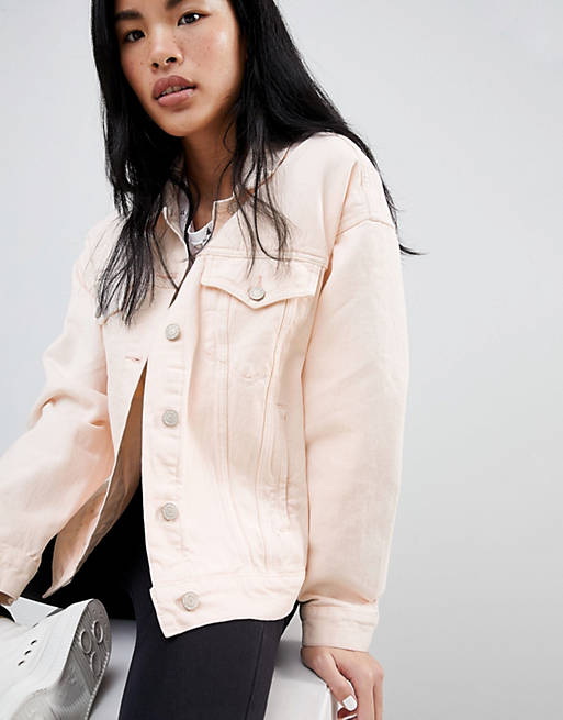 Pull&Bear oversized denim jacket with pocket detail in pink | ASOS