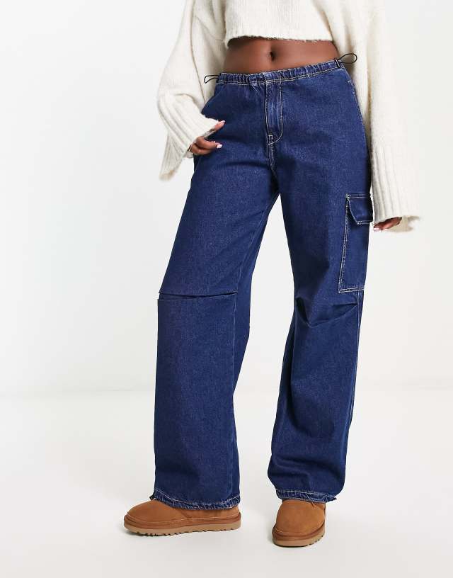 Pull&Bear oversized denim parachute pants in dark blue