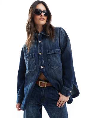 Pull&Bear Pull&Bear oversized denim shirt with ombre thread detail co-ord in dark blue