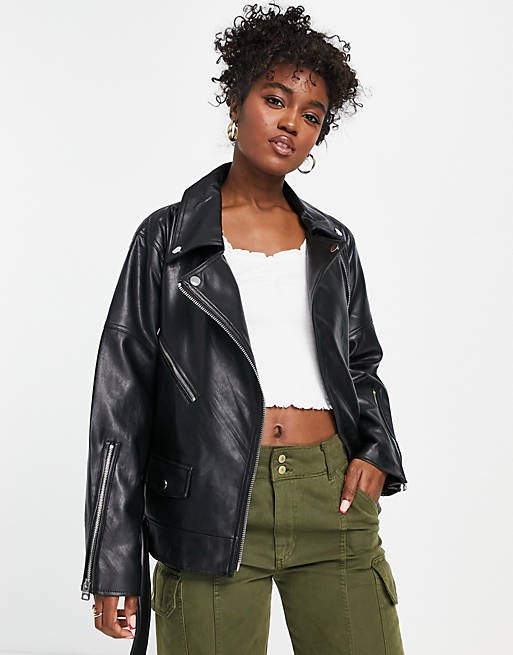 Pull&Bear oversized faux leather jacket in black | ASOS