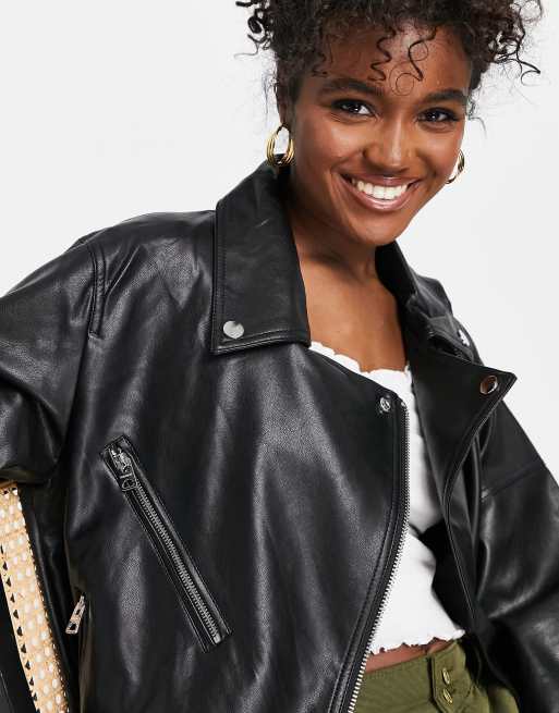 Pull&Bear Women's' Black Oversize Faux Leather Biker Jacket