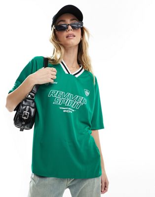 Pull&Bear oversized fit graphic football t-shirt in green