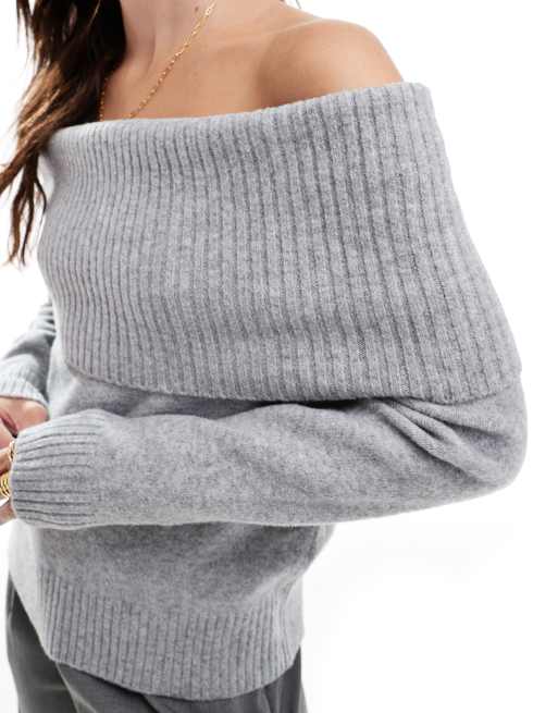 Pull&Bear - Oversized gebreide bardot-trui in zachtgrijs, 2 van 4