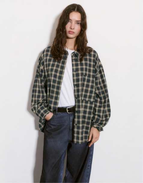 Pull&Bear - Oversized geruit overhemd in grijs - view 1