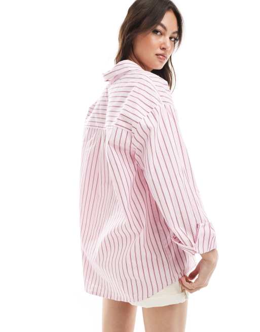 Pull&Bear - Oversized gestreept overhemd in roze, 3 van 4