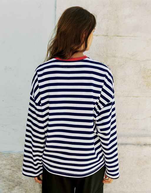 Pull&Bear oversized gestreept slogan T-shirt in ijsblauw, 2 van 7
