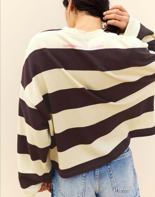 Pull&Bear - Oversized gestreept sweatshirt in bruin, 2 van 7
